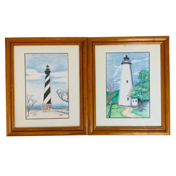 Coastal North Carolina Lighthouse Illustration Drawings VTG Set Of 2 Signed Art - Picture 1 of 14